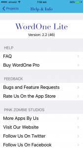 WordOne Lite iOS app Help & Info screen